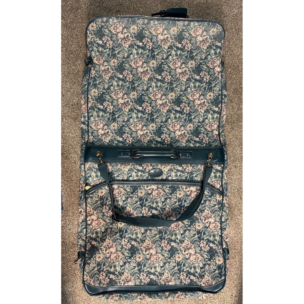 American Flyer Vintage Floral Tapestry Garment Bag Green Pink Travel Luggage